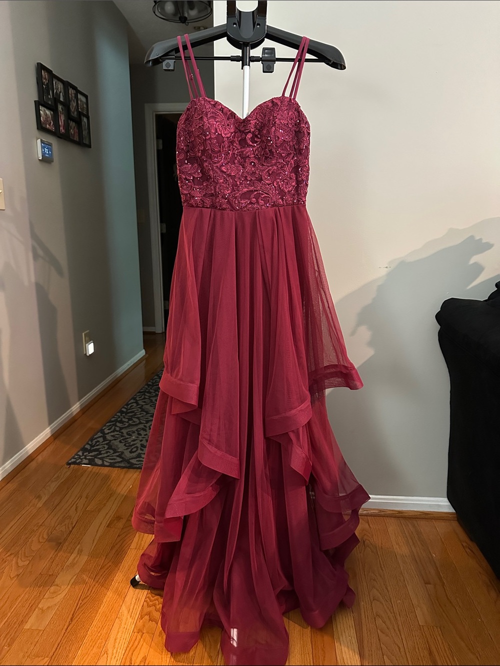 Xtraordinary Burgundy Beaded Double-Strap Prom Gown
